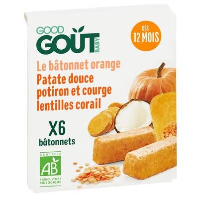 Good Goût 6 Bâtonnets orange Bio- Patate Douce, Lentille Corail, Potiron, Courge Bébé dès 12 mois, 6x22g