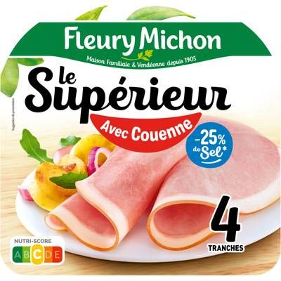 Fleury Michon Jambon Supérieure avec Couenne Taux de Sel Réduit, 4 tranches - 160g
