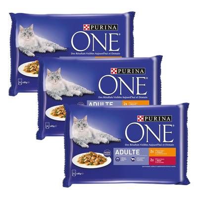 Purina - One Sachets en sauce Effilés Poulet Bœuf pour chat adulte, Lot de 3 - 4x85g
