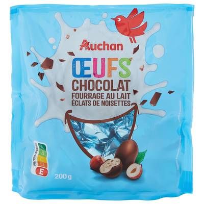 Auchan Oeufs en chocolat fourrés au lait et éclats de noisettes, 200g