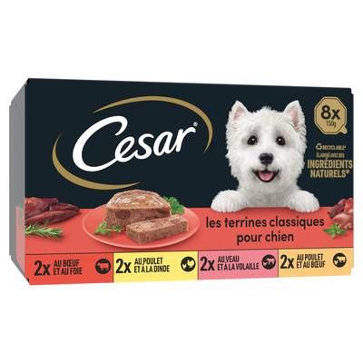 César Barquettes Terrine Classique 4 variétés pour Chien, 8x150g