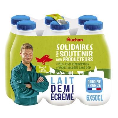 Auchan Solidaires Lait demi-écrémé UHT, 6x50cl