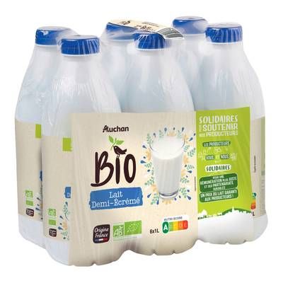 Auchan BIO Lait demi-écrémé bio stérilisé UHT, 6x1L