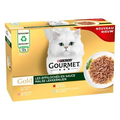 Purina - Gourmet Gold Boites Effilochés en Sauce Poulet, Boeuf, Saumon, Poisson de l'Océan pour chat, 12x85g
