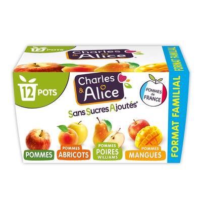 Charles et Alice Compotes panachées sans sucre ajouté, 12x100g