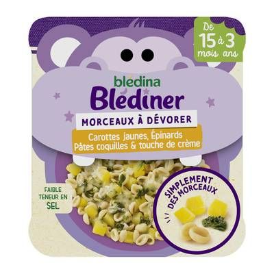 Blédina - Blédîner Carottes jaunes, Épinards, Pâtes coquilles et touche de crème Assiette Dès 15 mois, 200g