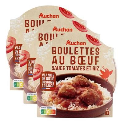 Auchan Boulettes au Boeuf Sauce Tomate et Riz Micro-ondes, Lot de 3x300g