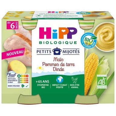 Hipp - Petits Mijotés Maïs Pommes de terre Dinde Bio Pot Bébé Dès 6 mois, 2x190g