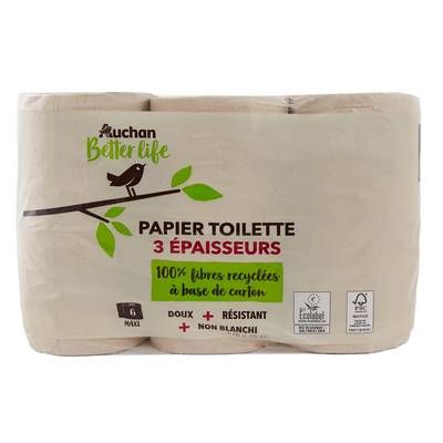Auchan Better Life Papier toilette non blanchi 3 épaisseurs, 6 rouleaux papiers toilettes