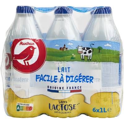 Auchan Lait facile à digérer sans lactose UHT, 6x1l