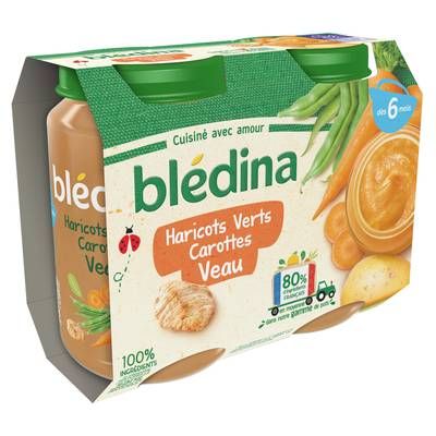 Blédina Haricots Verts Carottes et Veau Pot Bébé Dès 6 mois, 2x200g
