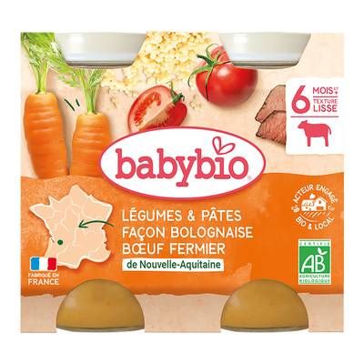 Babybio Légumes, Pâtes Façon Bolognaise au Boeuf Fermier Bio Pot Bébé Dès 6 mois, 2x200g