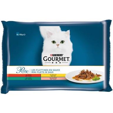 Purina - Gourmet Perle Sachets en Sauce Filettines Boeuf, Poulet, Lapin, Saumon pour chat, 4x85g