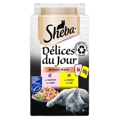 Sheba - Délices du Jour Sachets en sauce Poulet, Saumon MSC pour chat, 6x50g
