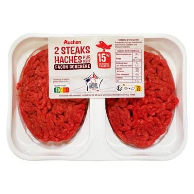 Auchan Steaks Hachés Pur Boeuf 15% MG Façon Bouchère, 2x125g