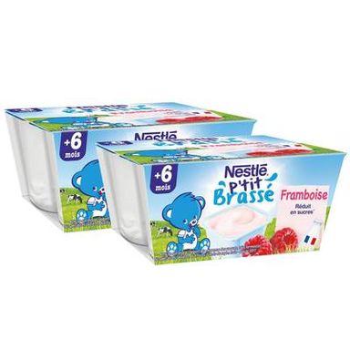 Nestlé - P'tit Brassé Dessert Lacté Framboise Coupelle Bébé Dès 6 mois, Lot de 2 - 4x100g