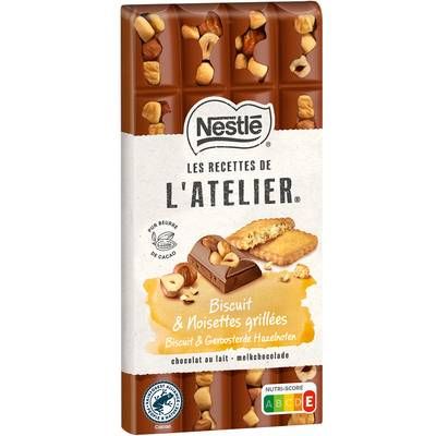 Nestlé Les Recettes de l'Atelier Tablette chocolat au lait biscuit noisettes grillées, 170g