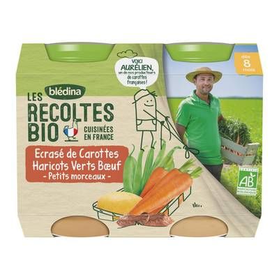 Blédina - Les Récoltes Bio Ecrasé de Carottes, Haricots Verts, Boeuf Bio Pots Bébé Dès 8 mois, 2x200g
