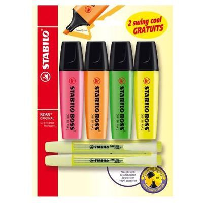 Stabilo 6 Surligneurs- 4 Boss orginal couleurs assorties + 2 Swing Cool jaune, 4 surligneurs Boss + 2 Swing cool jaune