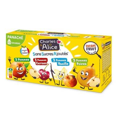Charles et Alice Compote Gourde Pomme Cerise Vanille Poire, 12x90g