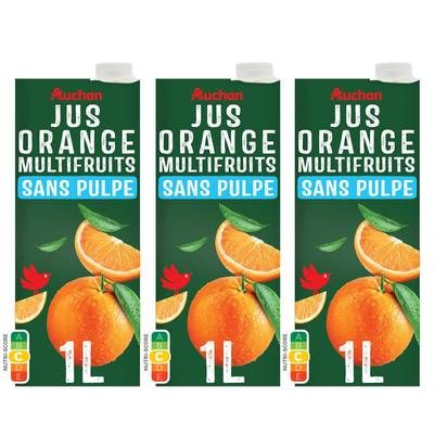 Auchan Jus d'orange multifruits à base de concentrés sans sucres ajoutés, Lot de 3x1L