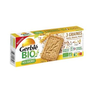 Gerblé Bio 12 Sablés 3 graines Kasha Sésame Pavot Bio -43% de sucres en moins, 132g