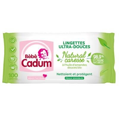 Cadum Lingettes Bébé Ultra-Douce Natural Caresse à l'Huile d'Amandes Douce Bio, 100 lingettes