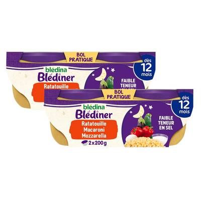 Blédina - Blédîner Ratatouille Petits Macaroni Touche de Mozzarella Bol Bébé Dès 12 mois, Lot de 2 - 2x200g