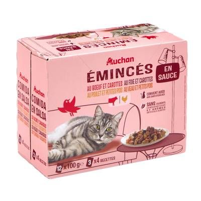 Auchan Sachets émincés en sauce viandes et légumes pour chat et chat stérilisé, 12x100g