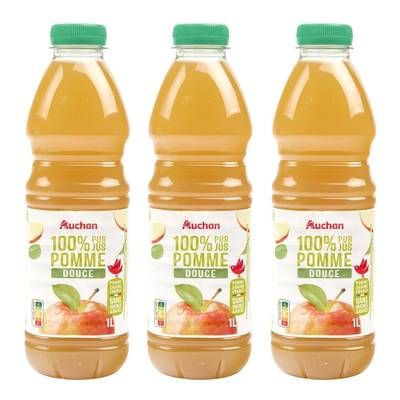 Auchan Pur jus de pomme douce sans sucres ajoutés, Lot de 3x1L