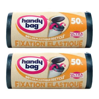 Handy Bag Sacs poubelle 50L à poignées coulissantes & fixation élastique, Lot de 2x10 sacs de 50L