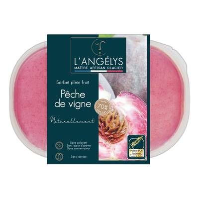 L'Angelys Sorbet artisanal plein fruit pêche de vigne 70%, 500g