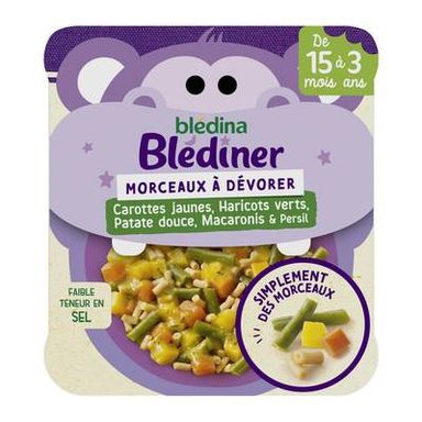 Blédina - Morceaux à dévorer Carottes jaunes haricots verts patate douce macaroni Assiette Bébé Dès 15 Mois, 200g