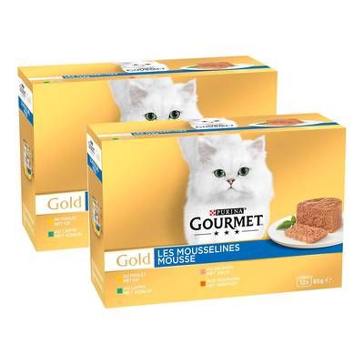Purina - Gourmet Gold Boites Mousseline Poulet, Saumon, Rognons, Lapin pour chat, Lot de 2 - 12x85g