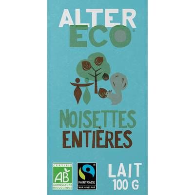 Alter Eco - Commerce Equitable Chocolat Lait et Noisettes entières 36% Cacao Bio d'Equateur ou Pérou, 100g