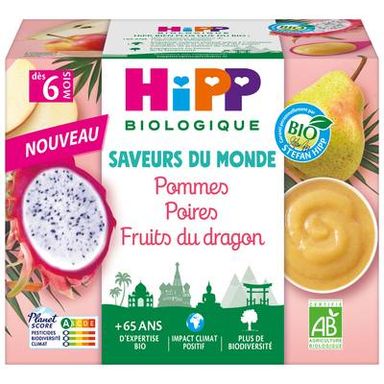 Hipp - Saveurs du Monde Pommes Poires Fruits du Dragon Bio Coupelle Bébé Dès 6 mois, 4x100g