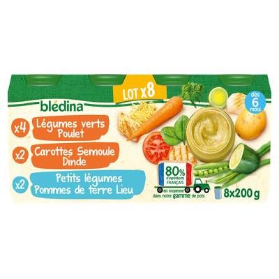 Blédina Légumes verts et poulet, Carottes semoule et dinde, et légumes pommes de terre lieu Pot Bébé Dès 6 mois, 8x200g