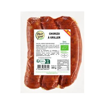 Plein Jour Chorizo à Griller Bio, 3x100g