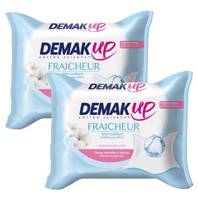 Demak Up Lingettes démaquillantes fraîcheur coton pour peaux sèches ou sensibles, Lot de 2x25 lingettes