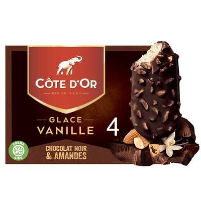 Côte d'Or Bâtonnets glacés vanille chocolat noir et amandes, 4 bâtonnets - 260g