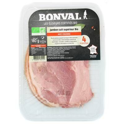 Bonval Jambon Cuit Supérieur, Bio, avec Couenne, 4 tranches -180g