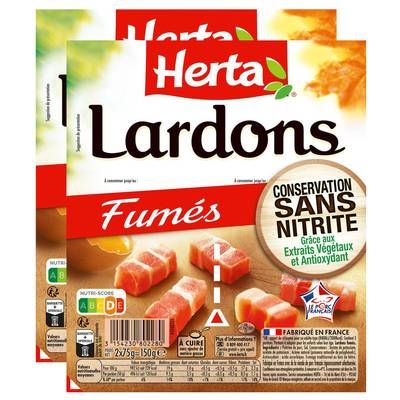 Herta Lardons Fumés, Conservation sans Nitrite, Lot de 2x150g