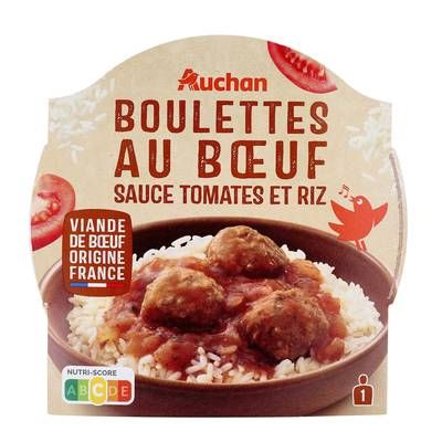 Auchan Boulettes au Boeuf Sauce Tomate et Riz Micro-ondes, 300g