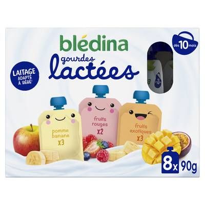 Blédina - Les Lactés Desserts Lactés aux Fruits Gourdes Bébé dès 10 mois, 8x90g