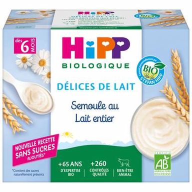 Hipp - Délices de Lait Semoule au Lait Entier Bio Coupelle Bébé Dès 6 mois, 4x100g