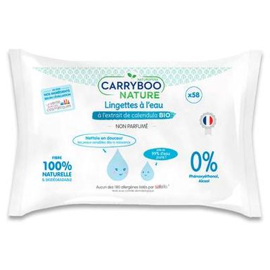 Carryboo Lingettes à l'Eau pure à l'extrait de calendula Bio, 58 lingettes