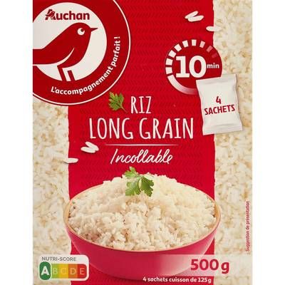 Auchan Riz long grain incollable sachets cuisson prêt en 10 min, 4x125g