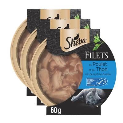 Sheba - Filets Barquette Poulet Thon MSC pour chat adulte, Lot de 3x60g