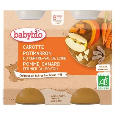 Babybio - Menu Du Jour Carotte, potimarron, pomme et canard fermier du Poitou bio dès 8 mois, 2x200g