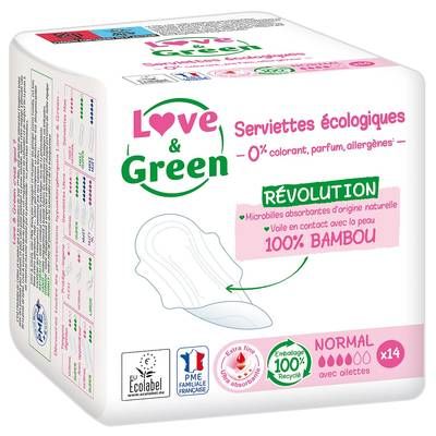 Love & Green Serviettes hygiéniques flux normal anti-irritations, 14  serviettes